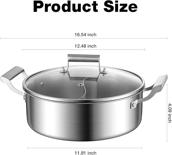 DELARLO Tri-Ply Stainless Steel 12 inch Everyday Pan with Lid, Kitchen Induction Deep Saute Pan,shabu shabu pot High Side Cooking Pot 6.8QT, Oven Safe Stock Pot, Up to 600℉