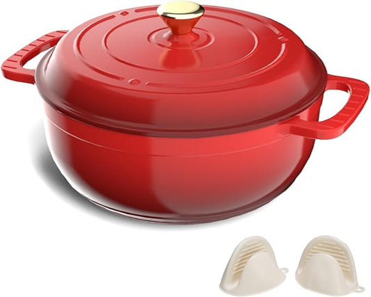 ROVSUN Enameled Cast Iron Round Dutch Oven, 6QT Pot with Lid &Dual Handles with Silicone Gloves,Oven Safe up to 500째F, Heavy-Duty Pre-Seasoned Cookware for Bread Baking, Braising, Stews, Roasting, Red