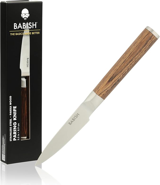 Babish German 1.4116 Stainless Steel Paring Knife with Dark Pakka Wood Handle ??3.5-Inch Precision Kitchen Knife for Peeling, Trimming & Prep Work, Full-Tang Blade
