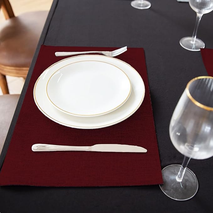 Rinpon Cloth Burgundy Placemats Set of 8, Linen Type Fabric Placemats Machine Washable Heat Resistant Placemats Polyester Place Mats for Halloween, Thanksgiving and Christmas Dining Table (Burgundy)