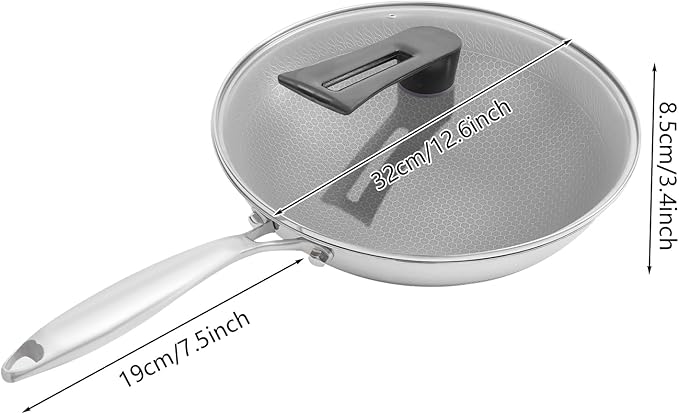 SUS 316 Stainless Steel Wok, Nonstick Frying Pan & Skillet with Lid, Induction Compatible Cookware, Honeycomb Wok Pan for Stir-Frying Saut챕ing Home Kitchen Camping Cooking (32cm)