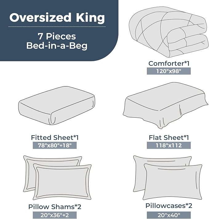 HEVUMYI 120x98 Oversized King Comforter Set - 7-Piece All Season Bed in a Bag Oversized King, Ultra Soft Bedding Set with 120 x 98 Comforter, Flat Sheet, Fitted Sheet, Pillowcases, Black & Light Grey