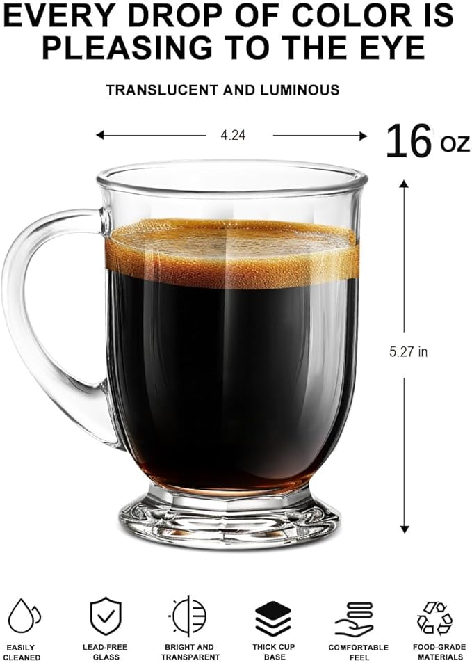 Clear Glass Coffee Mugs Set of 4, 16 OZ Large Glass Beer Cups with Handle,Bottom Nine-Sided Mug for Men and Women Hot Beverages,Tea, Cappuccino, Latte, Espresso, Juice Mothers
