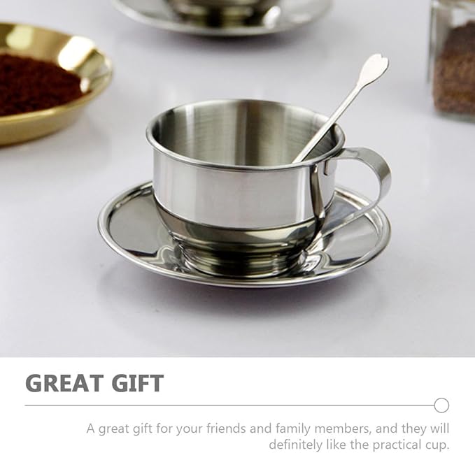 Stainless Steel Coffee Cup and Saucer Set Small Retro Metal Espresso Tea Cup with Spoon Silver Household Tea Set and Coffee Party