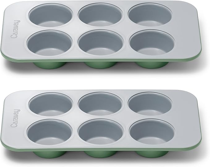 Caraway Nonstick Ceramic 6 Cup Muffin Pan Duo ??Non-Toxic, PTFE & PFOA Free ??Oven Safe ??Aluminized Steel Core ??Small Muffin Pan for Baking Cupcakes, Muffins & More - Sage