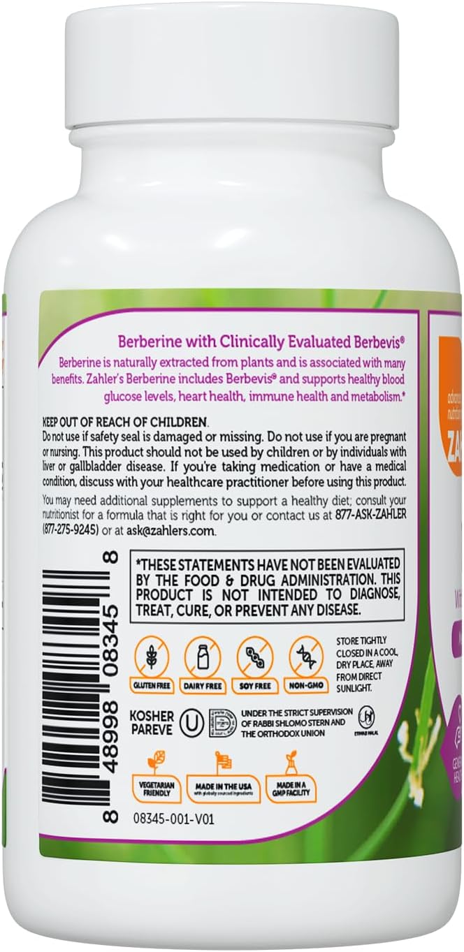 Zahler Berberine with Clinically Evaluated Berbevis, Metabolism and Glucos Support Formula, 60 Capsules.