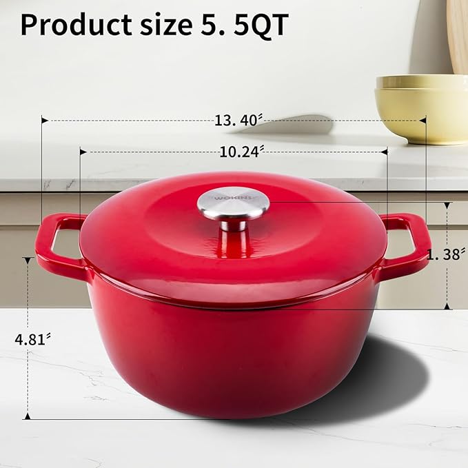 Enamel Cast Iron Dutch Oven with Lid,Dual Handles,Heavy-Duty Cookware for Sourdough Bread Baking,Braising,Stews,Roasting,Oven Safe up to 500째 F,5.5QT,red