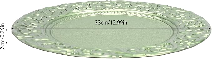 100pcs Green Charger Plates, 13" Round Reusable Decorative Flower Relief Carving Bulk Chargers for Dinner Plates, Wedding, Bridal Shower