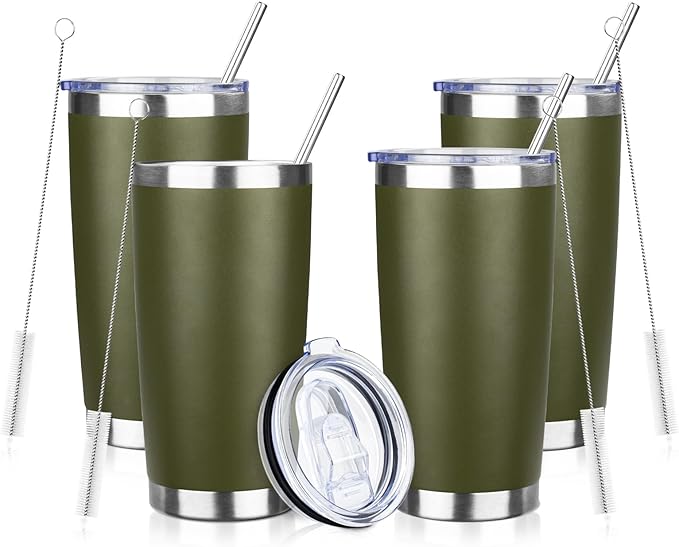 ATIKZHE 20oz Tumbler with Straw and Brush, Stainless Steel Vacuum Insulated tumbler, Double Wall Insulated Coffee Tumbler for Outdoor, Home, Travel,Office (Army Green,4pcs)