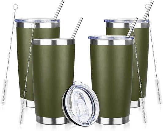 ATIKZHE 20oz Tumbler with Straw and Brush, Stainless Steel Vacuum Insulated tumbler, Double Wall Insulated Coffee Tumbler for Outdoor, Home, Travel,Office (Army Green,4pcs)