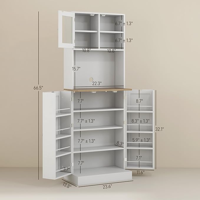 Zateety 66.5" Pantry Cabinet with Microwave Stand, Freestanding Kitchen Storage Cabinet with Hutch, 8 Door Shelves, Adjustable Shelves, Food Pantry Cabinet for Dining Room, White