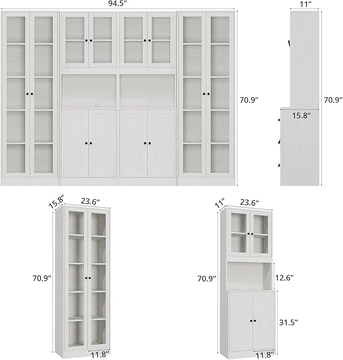VOWNER 4PCS Bookshelf and Bookcase, 5-Tier Modern Bookshelves with 3 Large Drawer, Glass Display Cabinet with Lager Storage Shelf, Combination Storage Shelves for Home Office, White (AACC)
