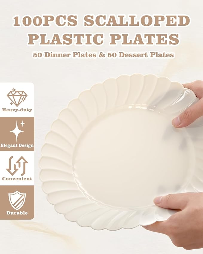YOUBET 100PCS Ivory Scalloped Plastic Plates - Heavy Duty Disposable Fancy Hard Plates Include 50 Dinner Plate, 50 Dessert Plate, for Wedding & Party