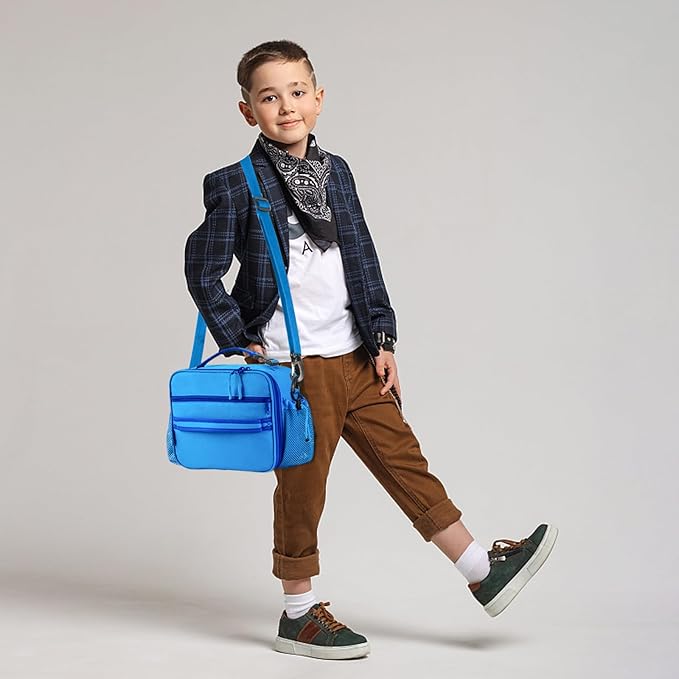 Cerbonny Kids Lunch Box For Girls & Boys, Insulated Lunch Bag With Double Bottle Holder & Freezable Liner (Blue)