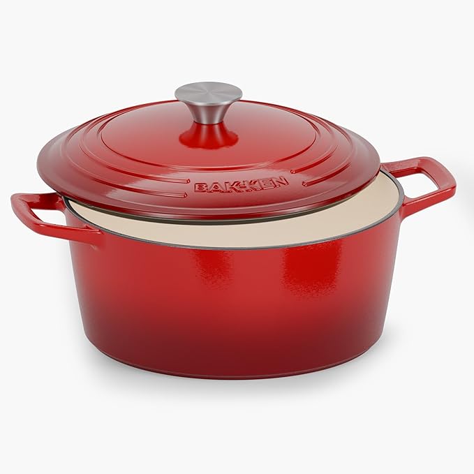 Bakken Enameled Cast Iron Dutch Oven Pot, 6QT Dutch Oven for Bread Baking, Braising & Roasting, Kitchen & Campfire Cooking, Moisture-Locking Lid, Oven Safe Up To 500째F, Works on All Cooktops, Red