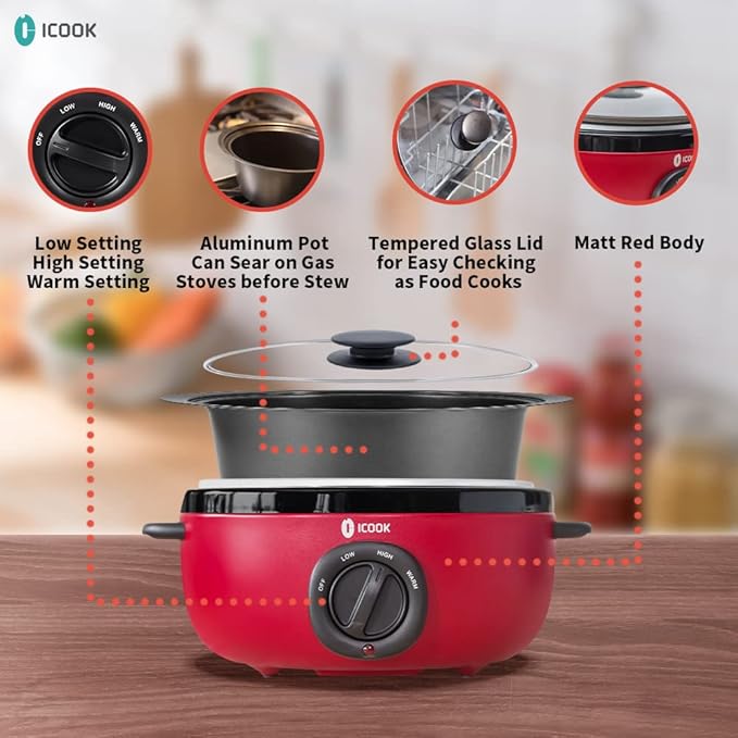 ICOOK USC-65-OP001RD 6.5 Quart Slow Cooker,Aluminium Sear/Saut챕 Stew Pot Stovetop safe,Dishwasher Safe,Glass Lid,Adjustable Temp,Food Warmer(Red)