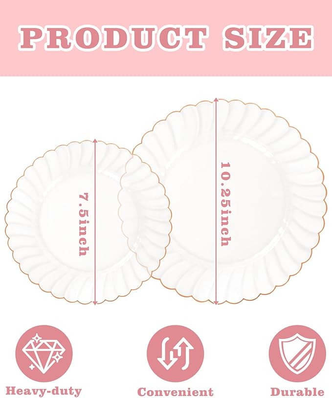 YOUBET 100PCS Rose Gold Scalloped Plastic Plates - Heavy Duty Clear Rose Disposable Fancy Hard Plates Include 50 Dinner Plate, 50 Dessert Plate for Wedding & Baby Shower Party