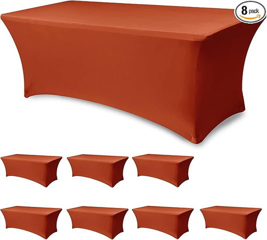 Enjoyidea Table Cover for 6 Foot Rectangle Tables-8 Pack Rust Fitted Stretch Fall Tablecloth-Spandex 6ft Thanksgiving Tablecloths for Party, Vendor Booth Display, Banquet Event, Craft Trade Show