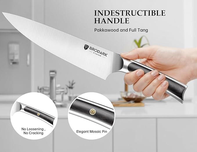 BRODARK Knife Set 15 PCS, Chef Knife Set with Block and Sharpener, High Carbon Stainless Steel Knife Block Set, Ergonomic Pakkawood Handle for Kitchen Cooking
