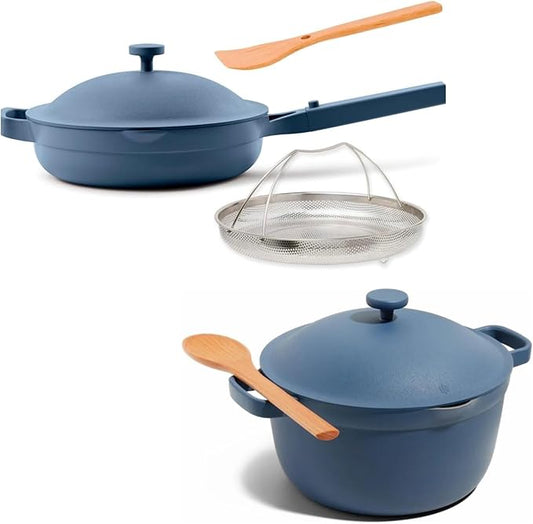 Our Place Cookware Duo | 7-Piece Ceramic Cookware Set with 10.5" Always Pan 2.0, 5.5 Qt Perfect Pot & Strainer Basket | Induction & Oven Safe up to 450째F | Nonstick, Non-Toxic Cookware | Blue Salt