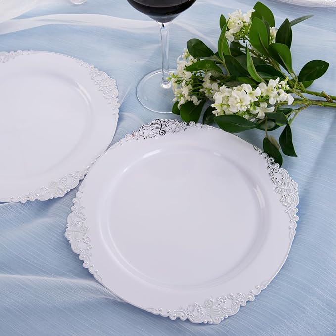 Hioasis 100pcs White Silver Plastic Plates - 10.25" Dinner Plates Disposable, Heavy -duty, Classy and Elegant for Thanksgiving