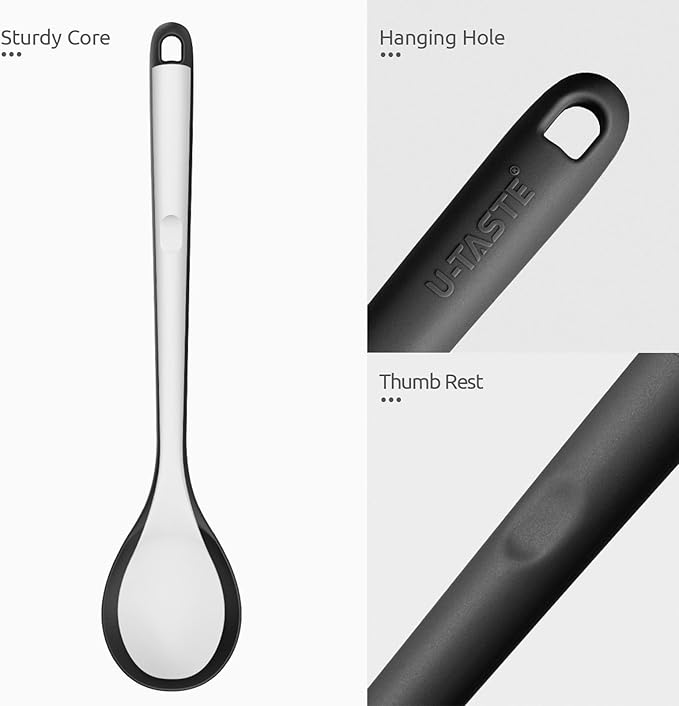 600쨘F Heat Resistant Silicone Spoons: U-Taste 13.3in Solid & Slotted Kitchen Cooking Spoon, Nonstick Long Rubber Utensil, Sturdy for Mixing, Serving, Stirring, Frying, Draining (Black, 2PCS)
