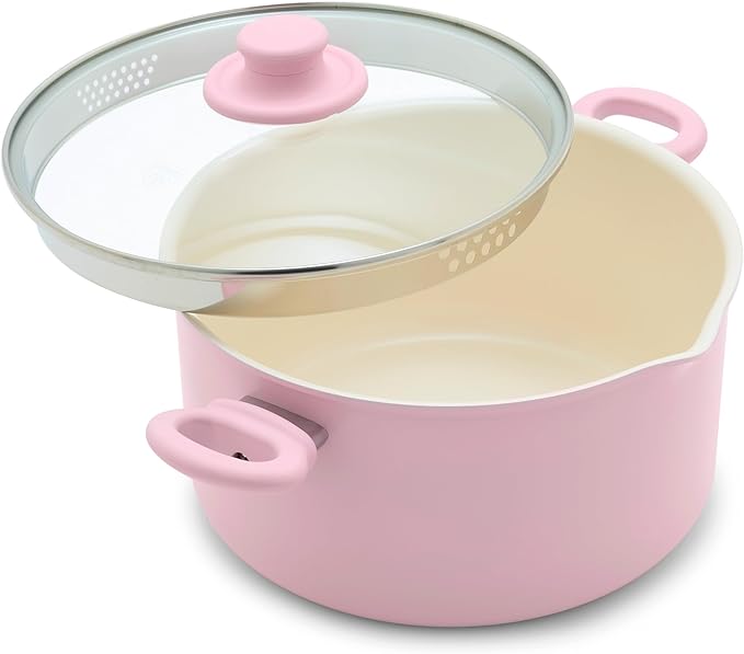 GreenLife 6QT Ceramic Nonstick Stockpot with Glass Straining Lid, PFAS-Free, Dishwasher Safe, Stay-Cool Handles, Oven Safe to 350째F, Wobble-Free Base, Even Heating, Pink