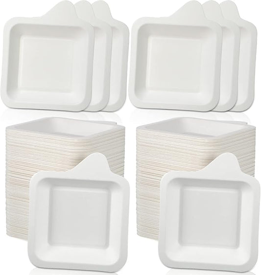 Remerry 300 Pcs Small 4 Inch Paper Plates Bulk Disposable Plates Paper White Square Dessert Cake Party Snack Sugarcane Bagasse Fiber Wedding Birthday Dinner Graduation Pet Feeding (4.41 x 5.24 Inch)