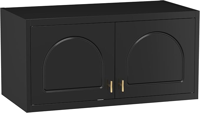 Wall Cabinet with Doors, Small Hanging Cabinet for Kitchen Pantry, Metal Overhead Cabinet for Dining Room, Living Room, Bathroom, 16" D x 32" W x 15" H, Black, Assembly Required
