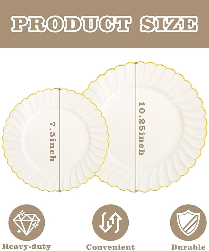 YOUBET 100PCS Ivory Scalloped Plastic Plates - Heavy Duty Gold Disposable Fancy Hard Plates Include 50 Dinner Plate, 50 Dessert Plate, for Wedding & Party Valentines Day