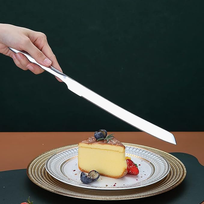 Wedding Cake Knife and Server Set, Stainless Steel Cake Cutting Set for Wedding, Include Cake Cutter and Cake Server for Wedding, Parties, Activities, Family, Dishwasher Safe (Shiny Silver)
