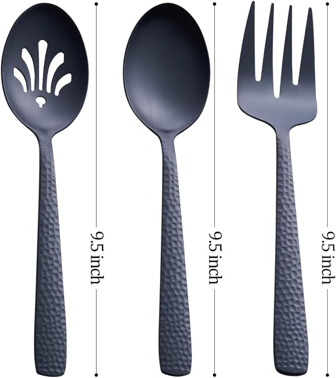 Matte Black Serving Utensil Set, 9.5-inch Stainless Steel Large Serving Spoon and Serving Fork, Satin Finish