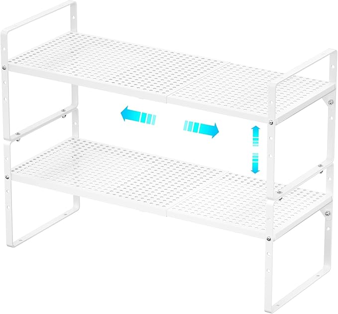 Redrubbit Expandable Cabinet Storage Shelf, Adjustable Height Steel Metal Kitchen Counter Organizers Shelves Spice Rack for Kitchen Pantry Bathroom Cupboard Desk Home Office, White-2 Pack
