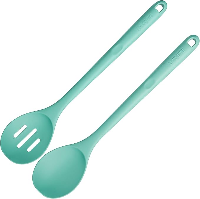 600쨘F Heat Resistant Silicone Spoons: U-Taste 13.3in Solid & Slotted Kitchen Cooking Tool, Nonstick Long Rubber Utensil, Sturdy for Mixing, Serving, Stirring, Frying, Basting (Aqua Sky, 2PCS)