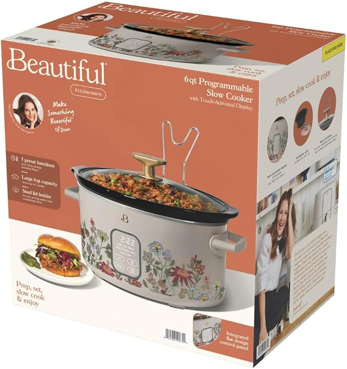 Beautiful 6 Quart Programmable Slow Cooker by Drew Barrymore ??Large Capacity, Ceramic Removable Pot, Tempered Glass Lid, Dishwasher Safe, Auto Keep Warm (Wildflower Porcini Taupe)