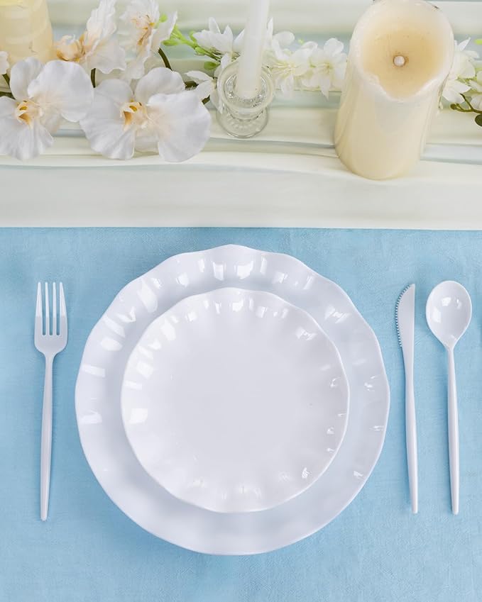 LIYH 20 Pcs 10 Incn White Scalloped Plastic Plates Reusable - Unbreakable Plastic Dinner Plates Camping Outside Plate Dishwasher Safe for Wedding Parties Birthdays Picnics - BPA Free