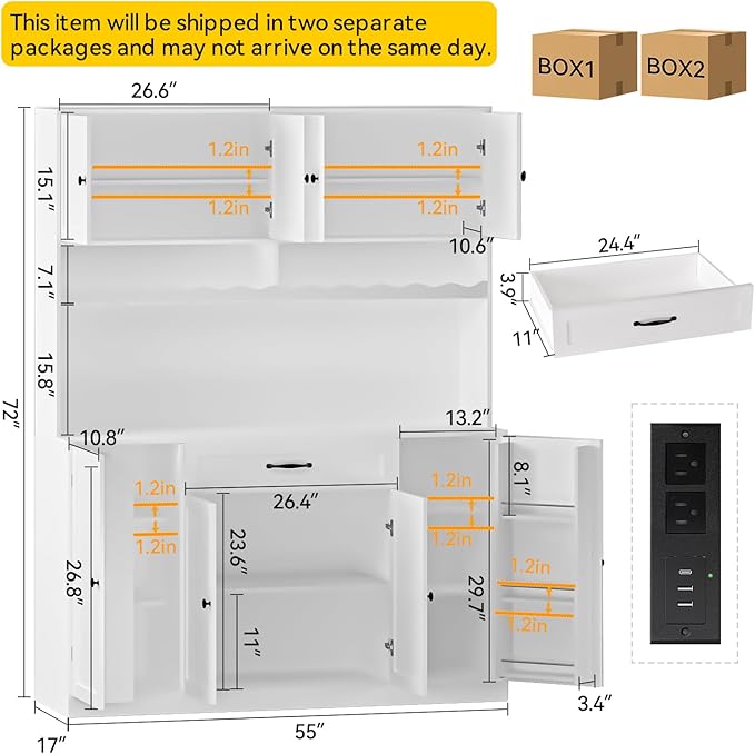 72" Tall Pantry Storage Cabinet with LED Light 55" Wide Kitchen Pantry Cabinet with Charging Station and Adjustable Shelves Modern Kitchen Hutch with Wine Rack and Large Countertop White