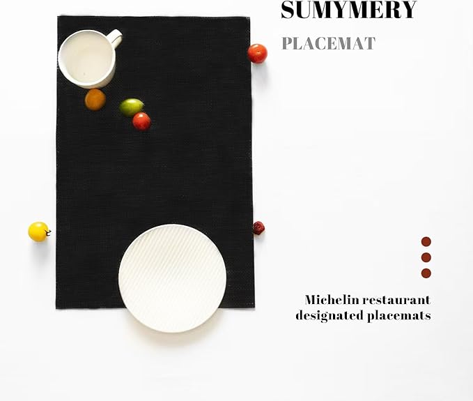 SUMYMERY Placemats Set of 6 Vinyl/Plastic Woven Place Mats for Kitchen Table Indoor/Outdoor Washable Placemat Wipeable Dining Table Mats (Full Black,6)