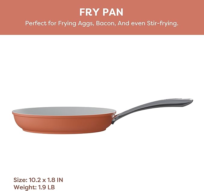 CIARRA Non Stick Frying Pan (10.2") & Ceramic Sauce Pan (3qt) - Non Toxic, PTFE & PFOA Free - Oven Safe & Compatible with All Stovetops, Orange