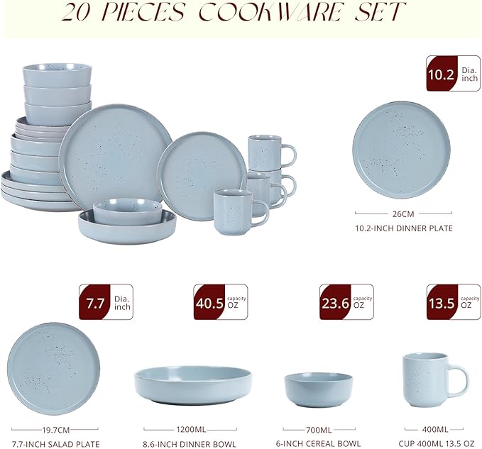 HomeVSS 20-Piece Dinnerware Set - Serves 4, Shiny Matte Blue Glaze plates and bowls sets with Speckle Effect for Microwave & Dishwasher Safe