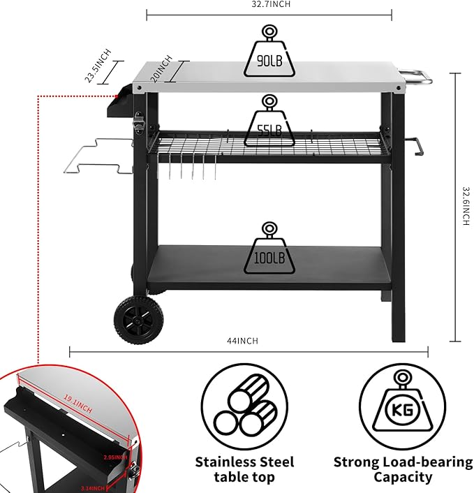 Kendane Grill Cart Table with Three Shelf, Movable Outdoor Dining Cart Pizza Oven Stand with Three Hooks, Kitchen Cart Island Multifunction Food Prep Table (Sliver)