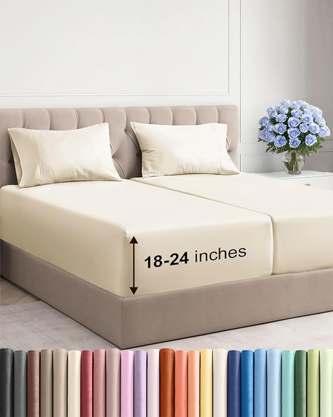 Extra Deep Pocket Split King Sheets - 5 Piece Breathable & Cooling Bed Sheets - Hotel Luxury Bed Sheet Set - Soft, Wrinkle Free & Comfy - Easily Fits Extra Deep Mattresses - Off White Sheets Set