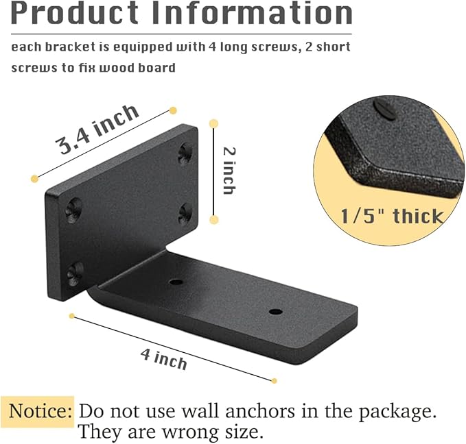 8 Pack Shelf Brackets 4 Inch Floating Shelf Bracket 1/5 inch Thick Heavy Duty Hidden Shelf Brackets Iron Metal Brackets for Shelf Support with Screw Included