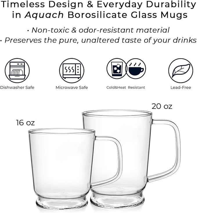 Aquach Clear Glass Mug 16 oz ??Borosilicate Glass Coffee Mug, Large Tea Cup for Hot & Cold Drinks, Dishwasher Safe Glass Cups