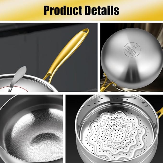 Titanium Hammered Pan with Lid, Thickened Multi-Layer Titanium Wok Pan, Scratch-Resistant Non Stick Stock Pot, Even Heating for Cooking,No lid,9.45IN