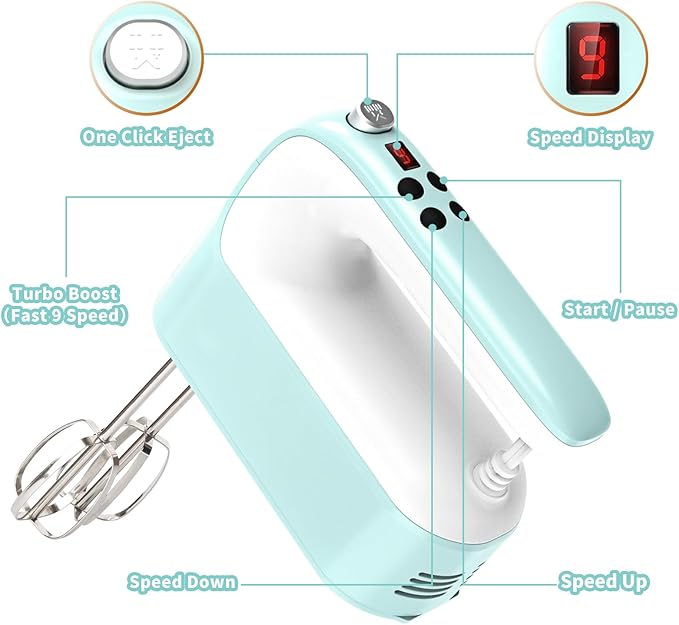 9-Speed Digital Hand Mixer Electric, 400W Powerful DC Motor, Baking Handheld with Snap-On Storage Case, 5 Stainless Steel Accessories, Flat Beaters, Dough Hooks, Whisk(Ice Blue/White)