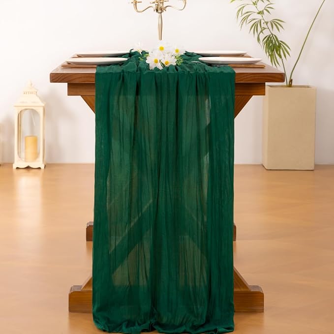 Socomi 3pcs Emerald Green Cheesecloth Table Runner Valentine's Day Boho Rustic Gauze 120 inch 10FT Cheese Cloth Runner for Wedding Party Baby Shower Birthday Home Decor Holiday Decorations