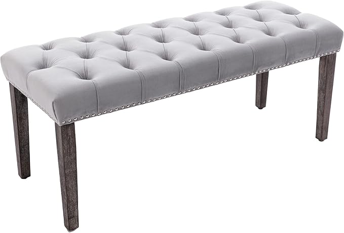 KCC Button-Tufted Ottoman Bench, Upholstered Bedroom Benches Velvet Footrest Stool Accent Bench for Entryway Dining Room Living Room Bedroom End of Bed, Gray
