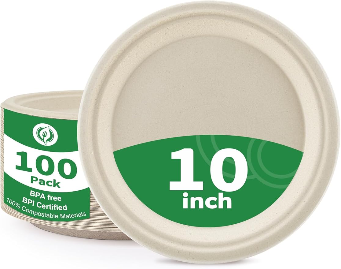 100Pack Disposable Paper Plates 100% Compostable Large Paper Plates Heavy Duty Biodegradable Plate 10Inch BPI Certified Eco-Friendly Plate Perfect for Daily Meals, Dinner, Parties, Wedding