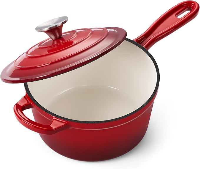 Onader 2QT Saucepan with Lid, Enameled Cast Iron Sauce Pan Pot, Small Dutch Oven Cooking Kitchen Pot, Nonstick & Heavy Duty ??Red